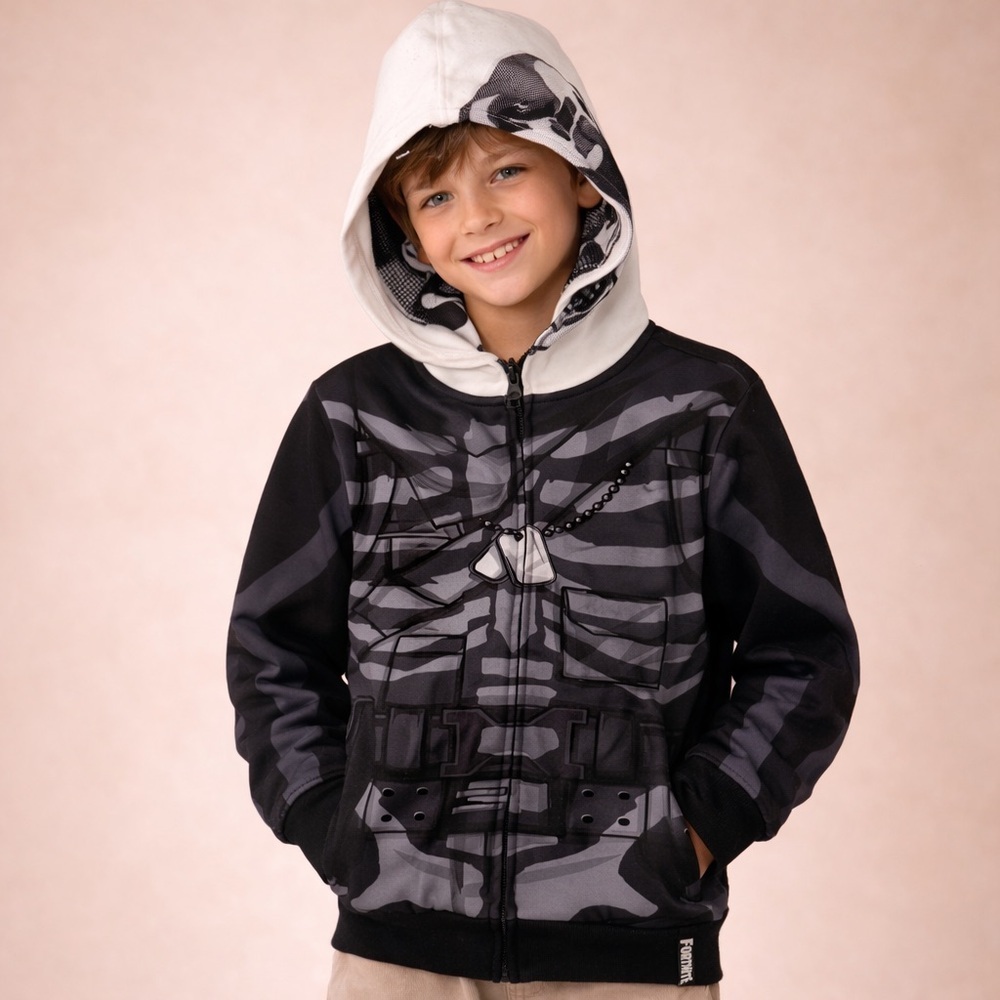 Fortnite Skeleton Tactical Hoodie Kids Size 8 Zip Up Gamer Streetwear Hoodie